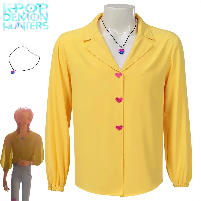 2025 11 KPop شيطان الصيادين الرومانسية تأثيري حلي قميص أصفر القلب قلادة ساجا بنين حفلة الهالوين للنساء الرجال كرنفال