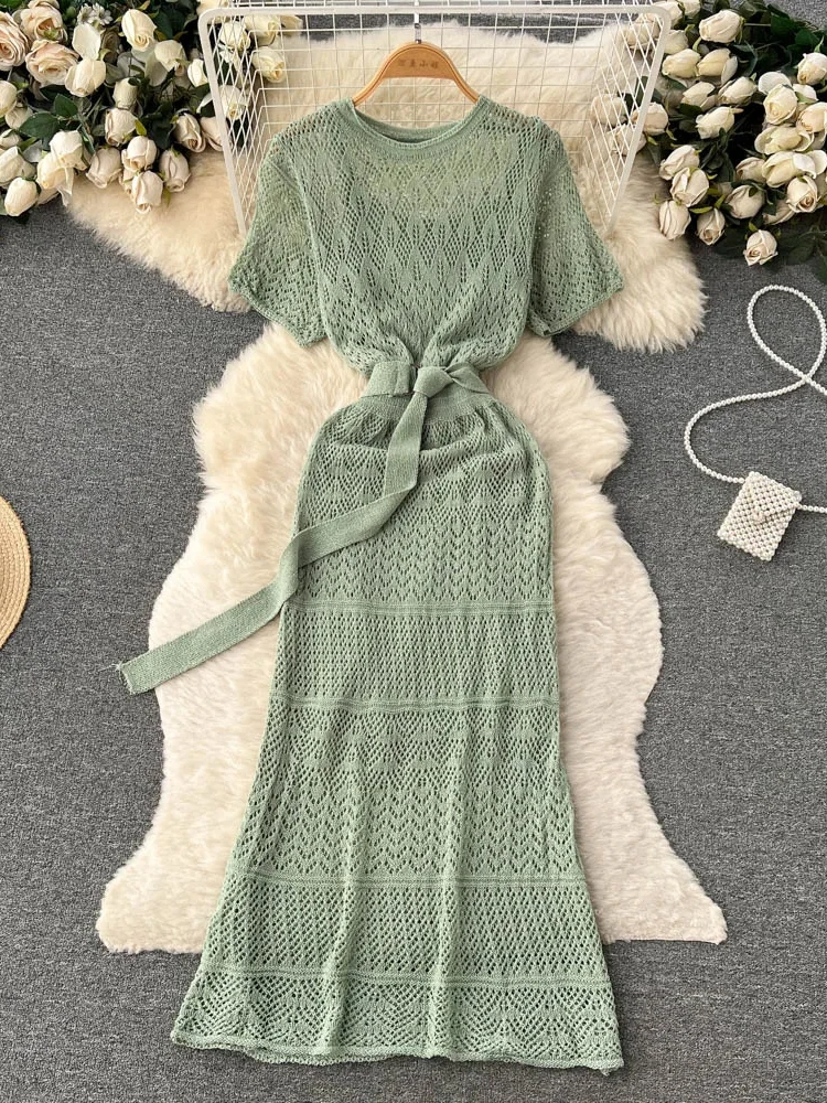 Summer Elegant Long Dress Women Vintage Chic Hollow Out Knitted Dresses Ladies Short Sleeve Korean Casual Long Robe Vestidos