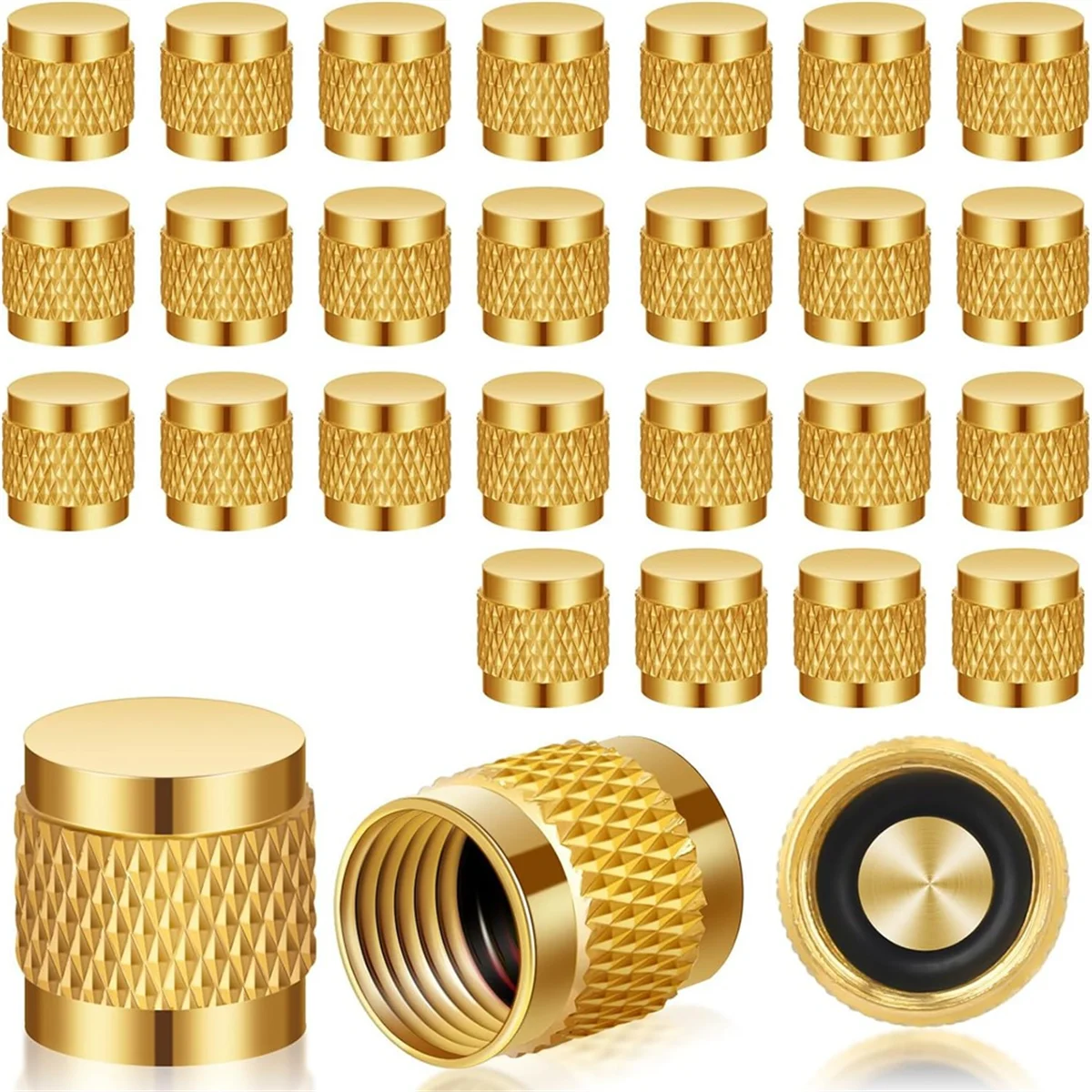 1/4inch Flare Cap, Round Brass HVAC Locking Caps, W/Neoprene O-Ring Seal AC Service HVAC Valve Caps, (25 Pcs) A