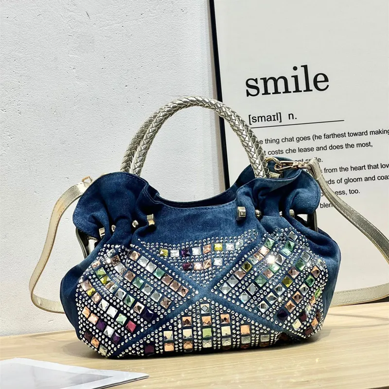2026 Women Diamonds Rivet  Messenger Bags Women's Shoulder Bag Denim Bags Jeans Handbag High Quality Ladies Bags