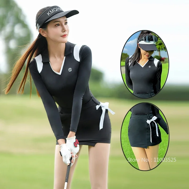 

2024 SG Golf Women Ice Silk Sunscreen Shirts V-Neck Long Sleeved Tops Ladies A-lined Golf Skorts Bowknot Slim Pencil Skirts