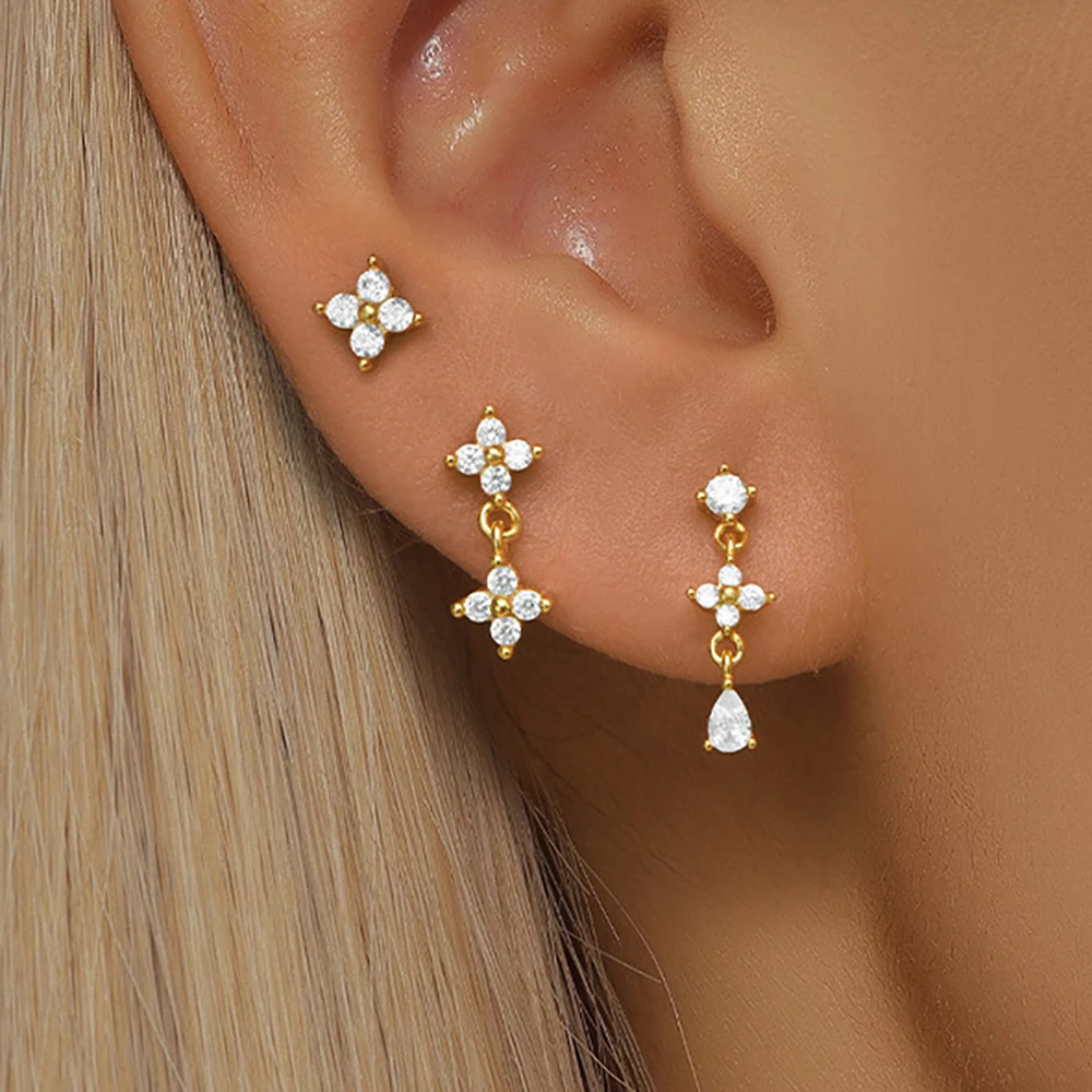 3PCS Fashion Stainless Steel White Zircon Mini Small Stud Earrings Set for Women Simple Flower Ear Bone Piercing Jewelry