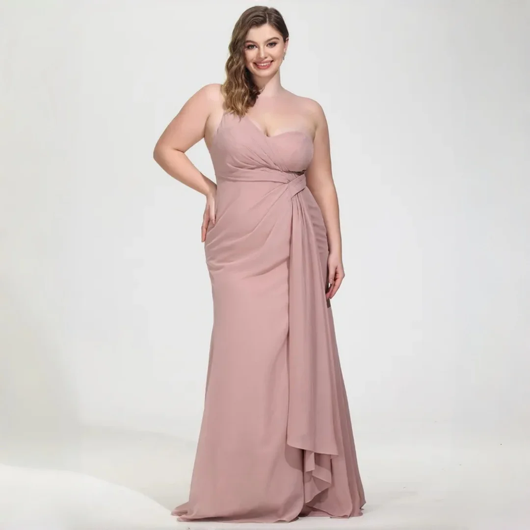 Plus Size Dusty Rose Chiffon Bridesmaid Dress Strapless Sweetheart Neck Ruched Bodice Waist Twist Draped Detail Floor Dress