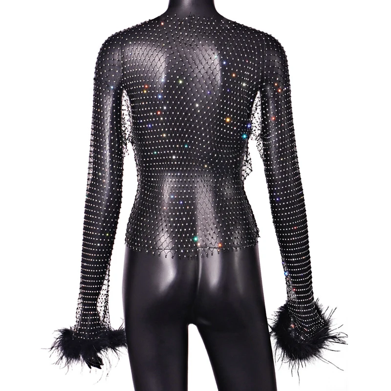 Damen-Strass-Netzoberteil, glitzerndes, durchsichtiges Mesh-T-Shirt, transparentes Diamant-Shirt, Federbündchen, Party-, Abend- und Clubwear, Y2K-Bluse – Detail 12