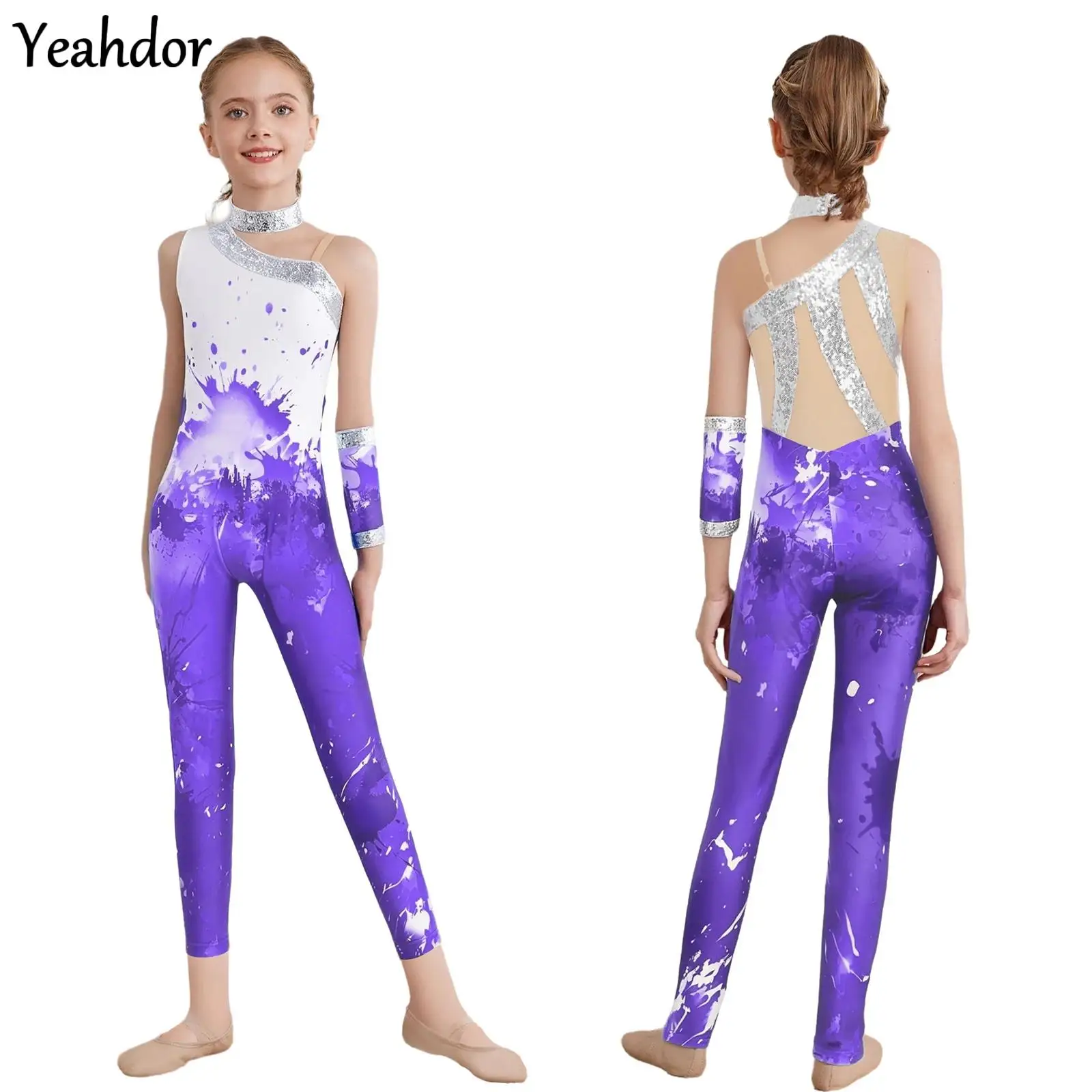 

Kids Girls Sleeveles Figure Skating Full Bodysuit Shiny Sequin Dance Tank Unitard Gymnastics Jumpsuit Leotard And Glove Costume