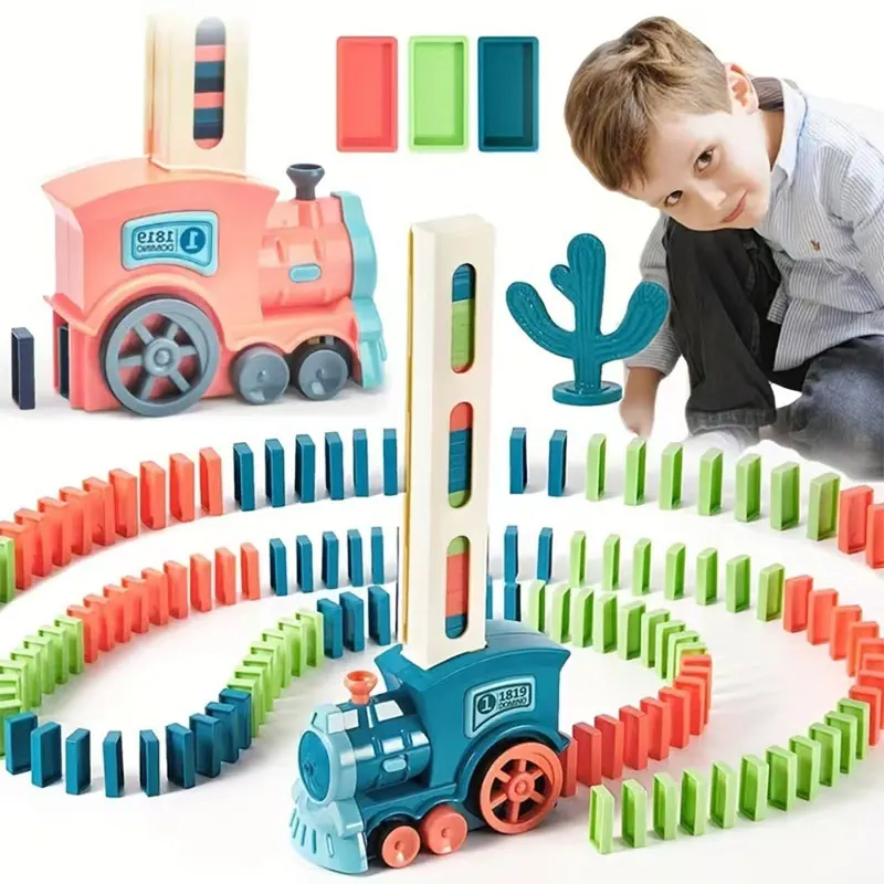 Domino children\'s puzzle building blocks automatically put small train chain reaction mechanism