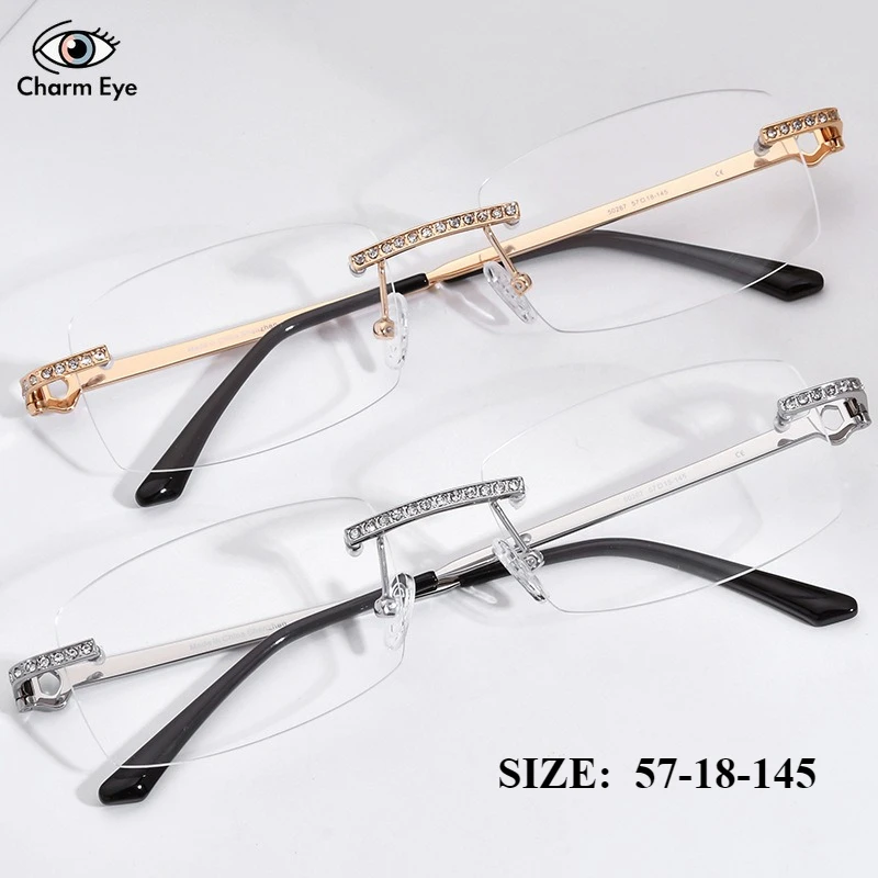 

Новые безрамочные очки женские с бриллиантами металлическая оправа для очков мужские деловые квадратные модные очки для близорукости с защитой от синего света