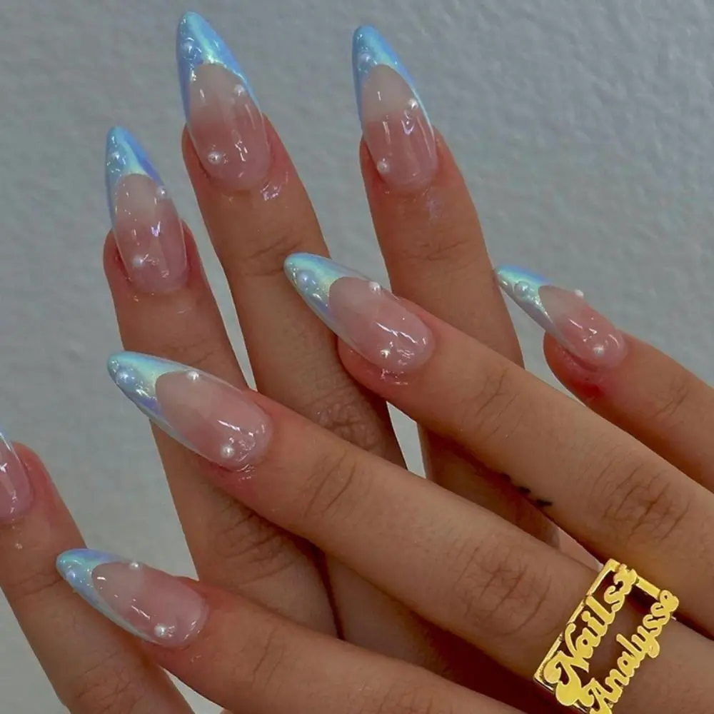Full Cover Color Gradation Almond False Nail Aurora Rhinestones Fake Nails Golden Line Mid-length Detachable Press on Nails