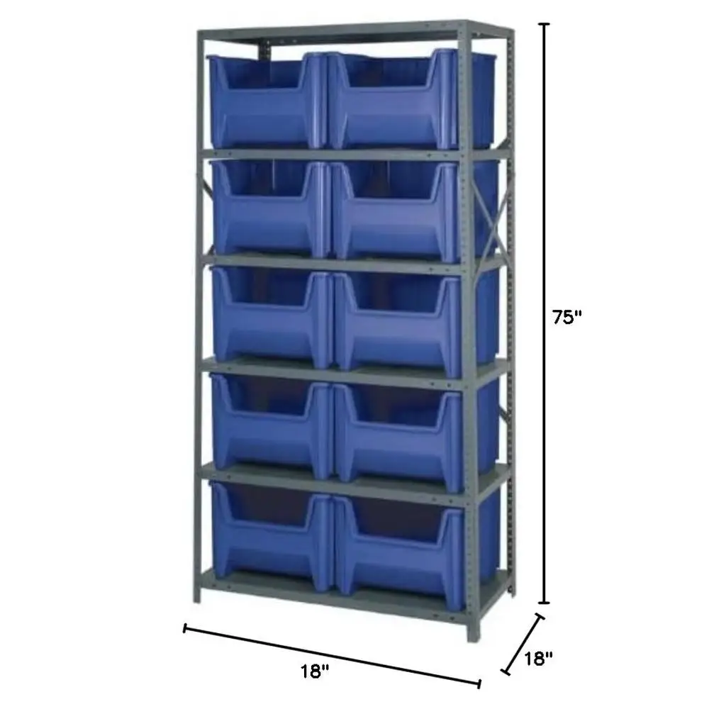 Adjustable 6-Shelf Shelving Unit with 10 Blue Bins Industrial Warehouse Storage Organizer Galvanized Steel Construction Easy