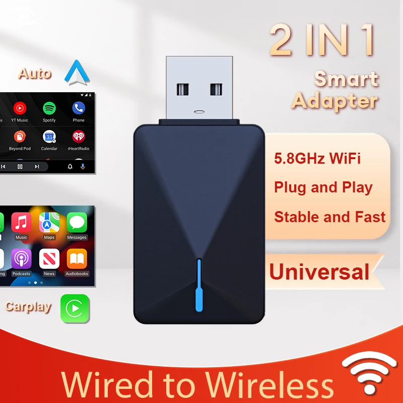 2024 New Mini Wired to Wireless CarPlay Adapter Android Auto 2in1 Smart Dongle Plug and Play For Volvo Benz Mg Kia Mazda Audi