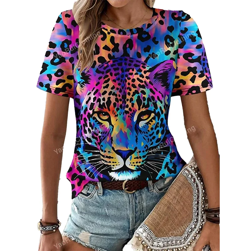 T-shirt femme imprimé léopard coloré mode urbaine femme imprimé léopard haut à manches courtes été tous les jours décontracté col rond T-shir
