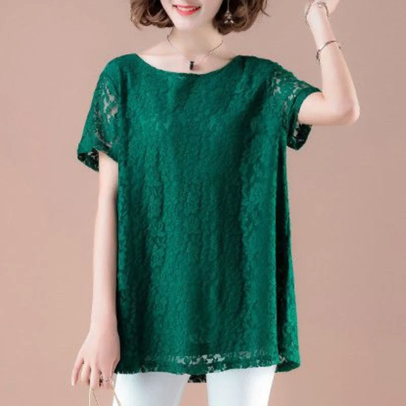 Elegant Solid Color Women\'s Clothing Casual V-neck Pullovers Oversize Lady Lace Tops 2023 Summer New Chiffon Shirt T-shirt