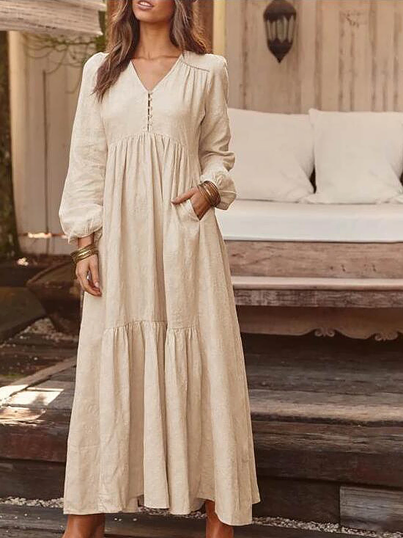 Herfst Midi-jurk met lange mouwen en V-hals voor dames Knoopdetail Effen kleur Casual Dagelijks Basic Lange jurken
