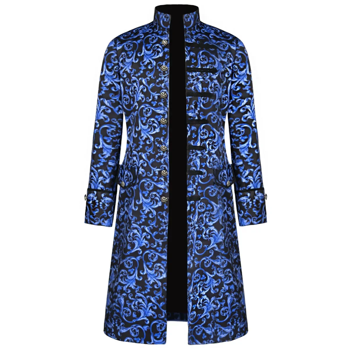 New European And American Men's Printed Retro Stand-up Collar Blue Coat