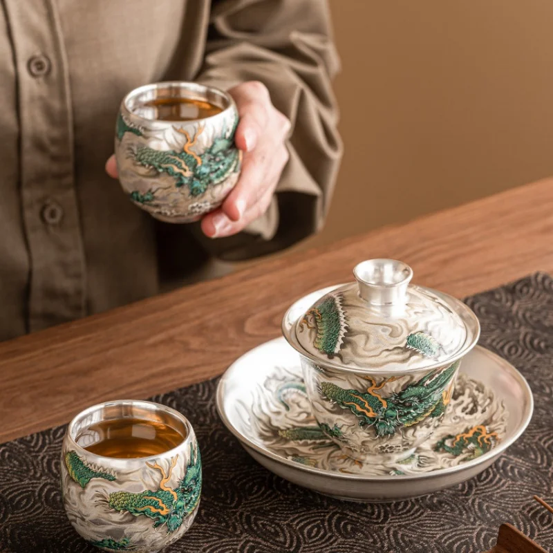 

Ceramic Dragon Tea Cup Espresso Cup Master Cups Silver Coffee Mugs Chinese Style 100ml Wine Glasses
