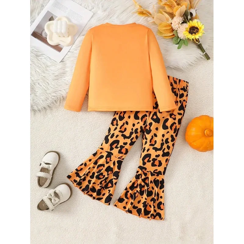 Kids' Autumn Winter Clothing Set with round Neck Pumpkin Pattern Long Sleeve Top And Elastic Waist Leopard Print Pants
