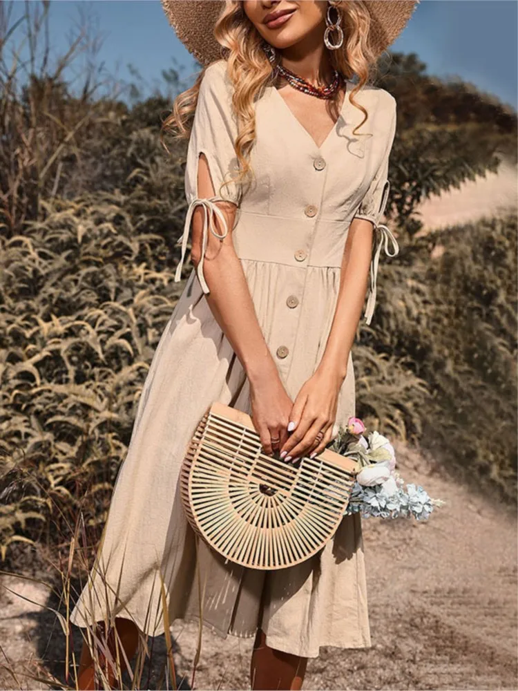 

Dresses 2025 Woman Mid-length Casual Holiday Vestidos Simple Style Short-sleeved V-neck Solid Color Dress Temperament Elegant