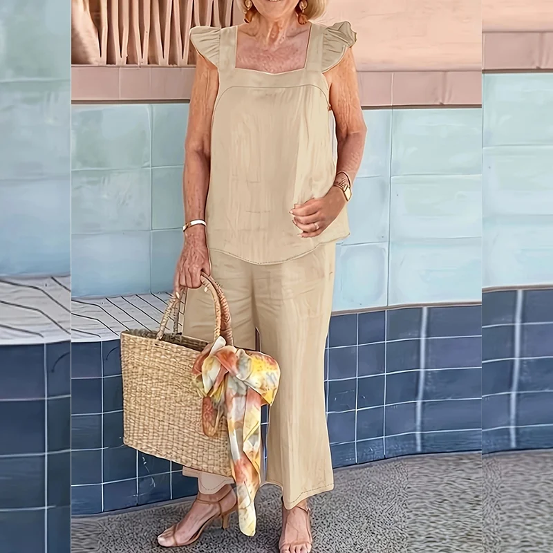 Eleganter Einfarbiger Sommer-Hosenanzug im Granny-Stil für Damen