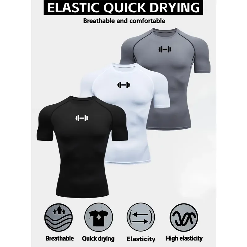 3 PCS Men's Fitness Clothing Dumbbell Pattern Abstract Tights High Elastic Stretchable Jogging Sports Clothing