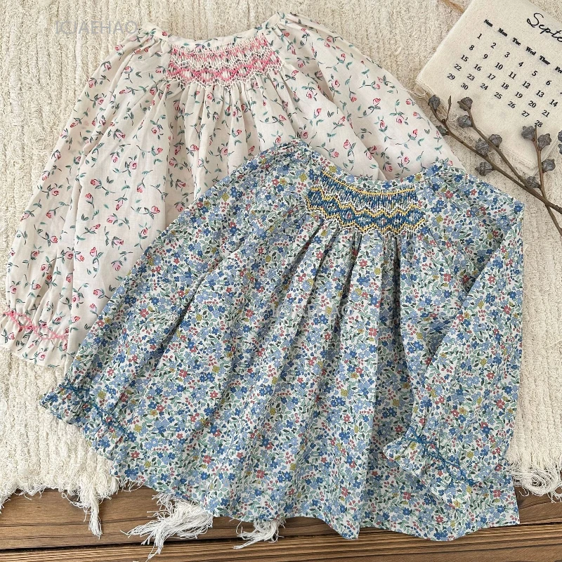 

2025 Teen Girl Clothes Children Girls Printed Hand Smocked Blouse Cotton Shirt Costume Baby Kids Underwear Flowers Top Clothes