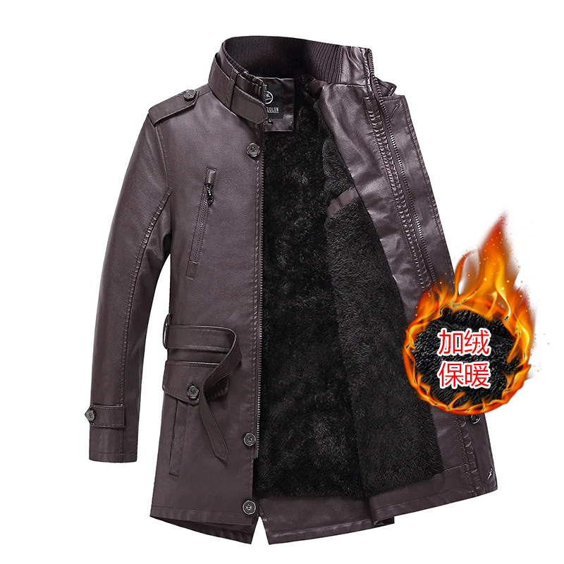 Gorasion New Men's Mid Length Stand Collar Leather Jackets Autumn Winter Fleece Thickened Trench Coats Leather Jackets