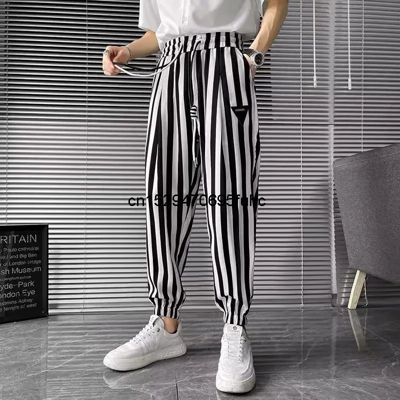 Striped Casual Trousers Men's Thin Cropped Pants Trendy Brand 2024 New Ruffian Handsome Ice Silk Men's Harun Pants All-match