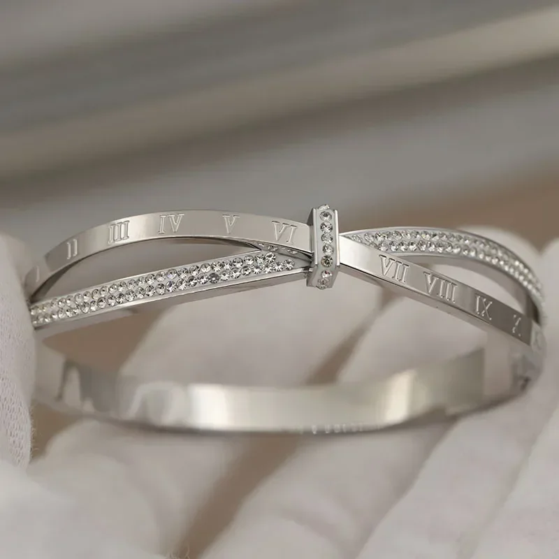 316L Stainless Steel Metal Roman Number Bangles for Women Fashion Brand Jewelry Classic Crystal Cross Bracelets