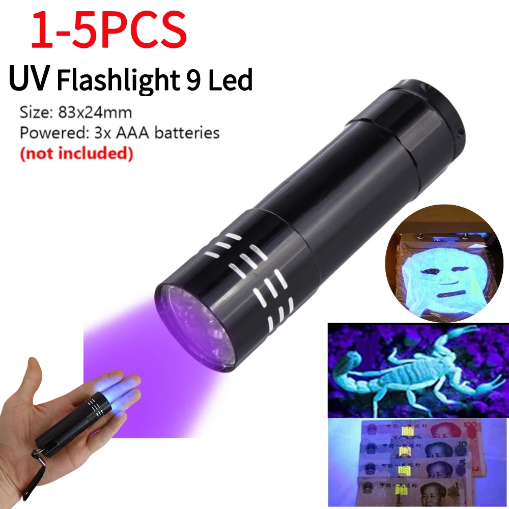 Detector ultravioleta portátil de mano, lámpara de inspección de escorpión, 9 LED, 50LM, 395nm, para agente fluorescente, prueba de moneda