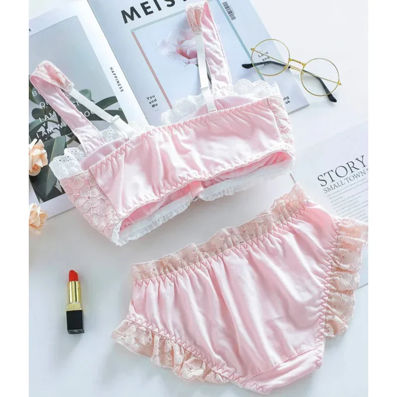 Set reggiseno con top a tubo in pizzo di cotone con bottoni frontali Lolita per ragazza giapponese Set intimo bianco Kawaii retrò stile dolce senza anello in acciaio