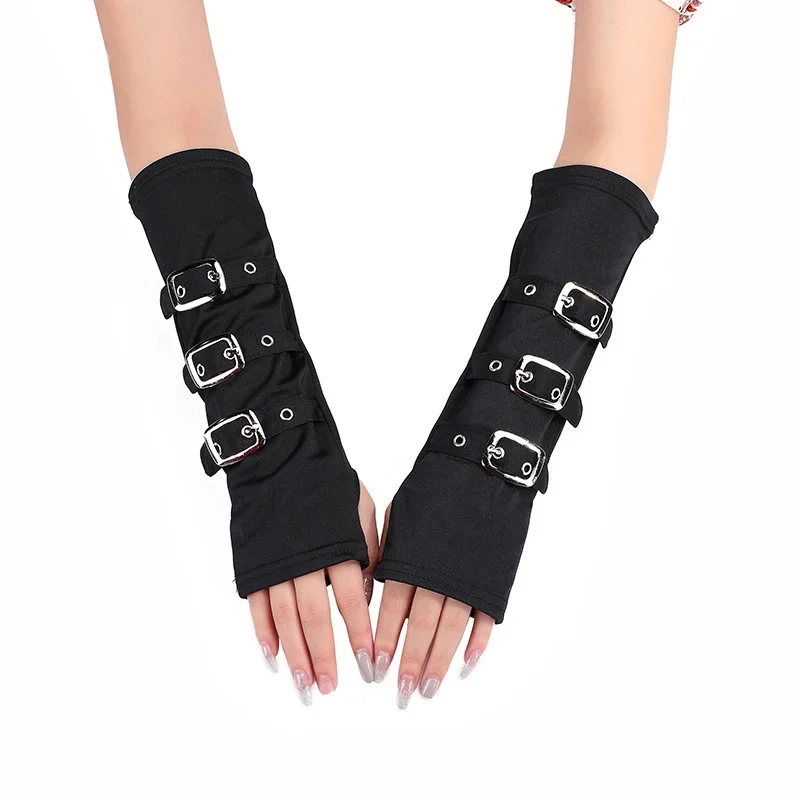 Guantes Punk negros con dedos, pulsera larga, correa para la muñeca, calentador de brazo de 28CM, puño largo de seda de leche, guante Sexy gótico