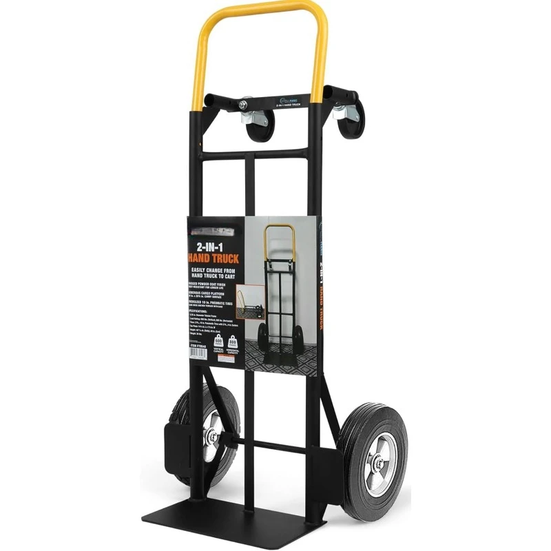 800 lb capacity 2-in-1 convertible cart and hand truck with 10-inch explosion-proof rubber wheels, black with yellow handles.