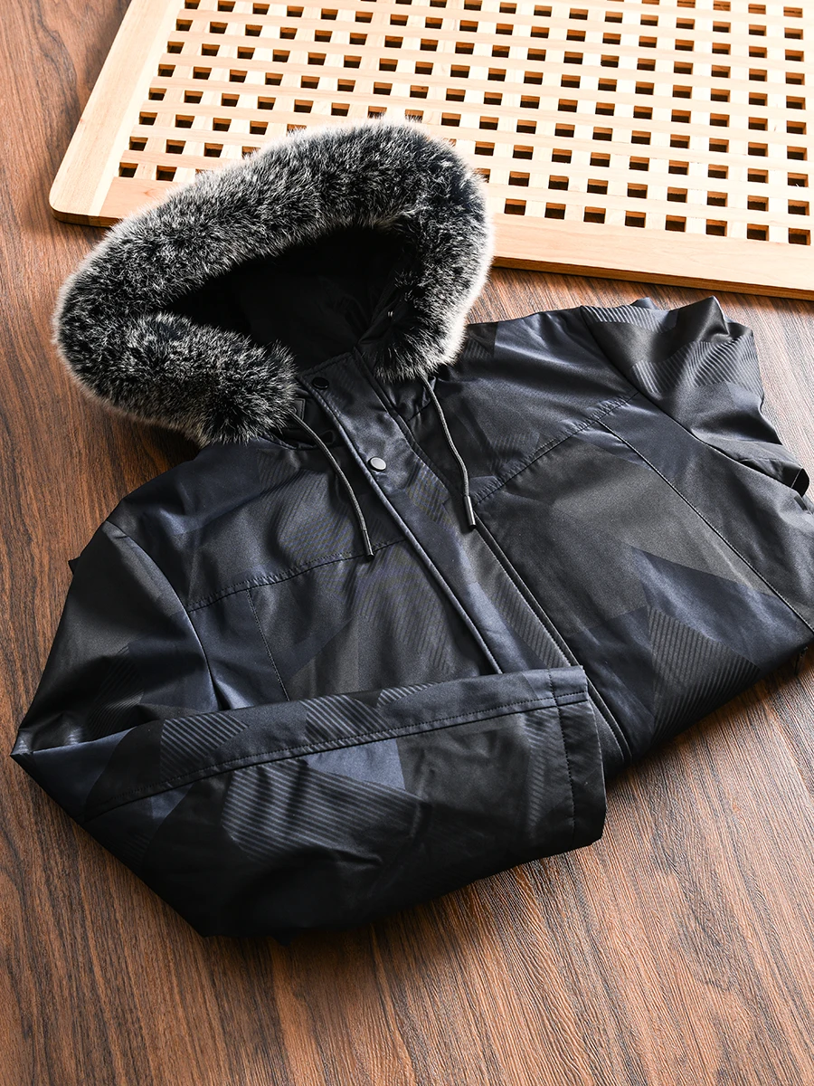 

Men's Casual Mid-Length Parka Coat Real Fur Collar Warm Cotton Jacket Youth Standard Fit Fashion Urban Style Side Pocket