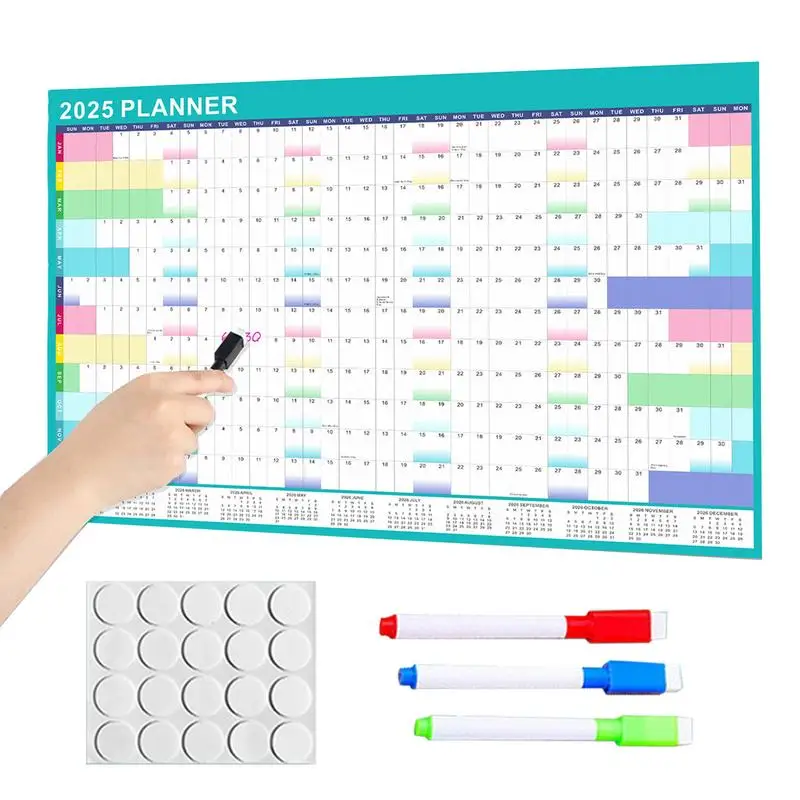 

Календарь сухого стирания с маркерами Ежегодный планировщик Календарь сухого стирания 2025 Красочный дизайн Ежегодный планировщик расписания для дома