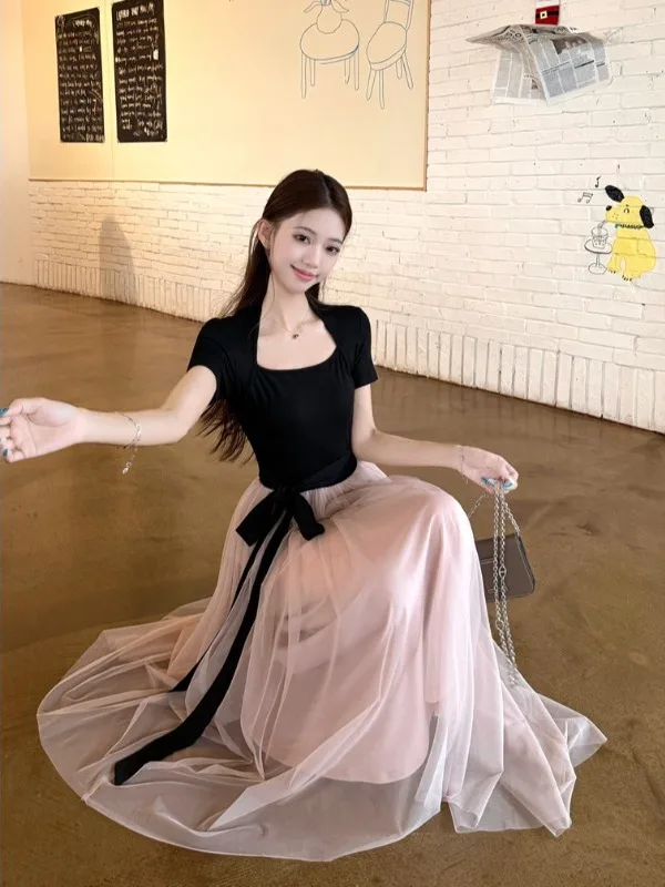 

Летнее платье больших размеров, элегантное, с высокой талией, короткими рукавами, в стиле пэчворк, балетный стиль, цветные блоки, длинное платье с поясом.