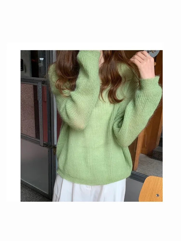 Fluffy Mohair Sweater Women Slouchy Loose Knit Wool Sweaters Translucent Pullover