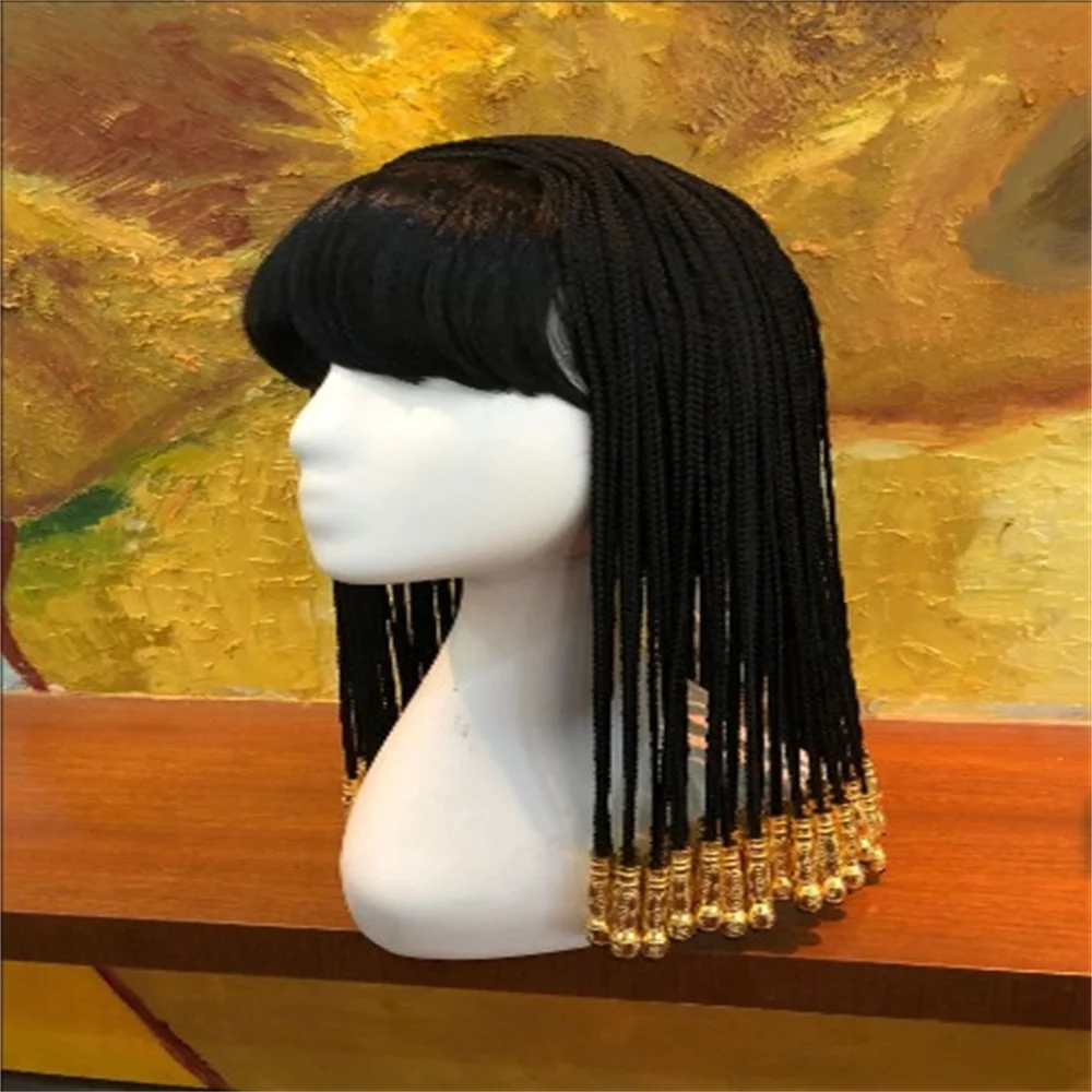 Wig Girl Cleopatra Anime COS Full Head Black Braid Beads Annual Party Bar Performance Halloween Wig