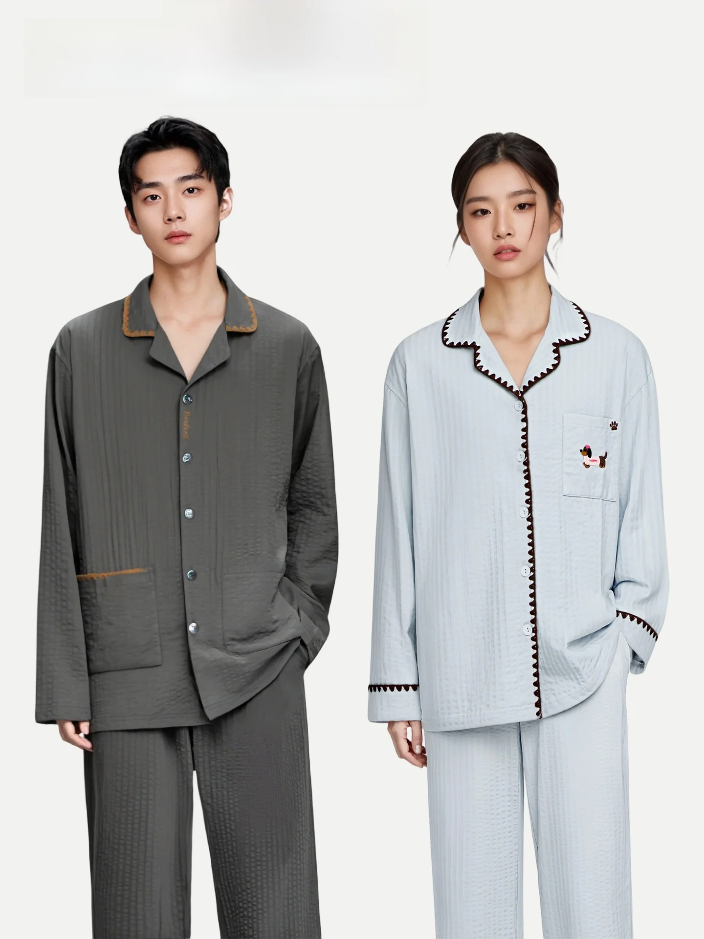 

PinkBread Couples Style Long Sleeve Cotton Pajamas Blue Dachshund Print Comfortable Home Clothes Suitable for Spring And Autu...