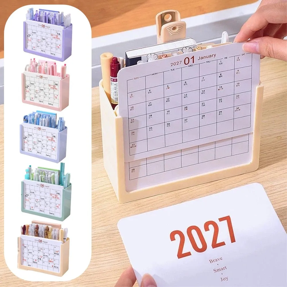 Space-Saving 2027 Desk Calendar Pen holder Plastic 3 Grids Desktop Stationery Organizer Durable October 2026 - December 2027
