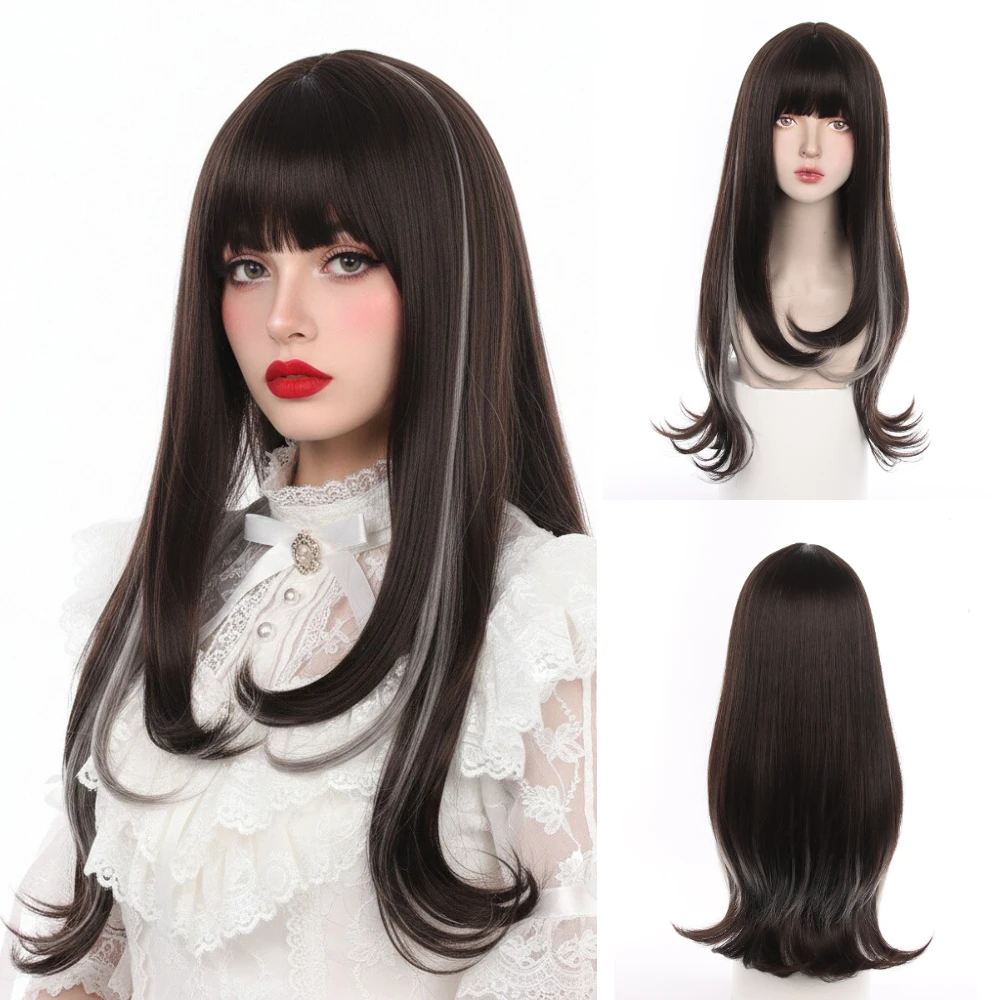 Lolita Style Long Straight Synthetic Wig with Bangs Heat Resistant Fiber for Women Cosplay