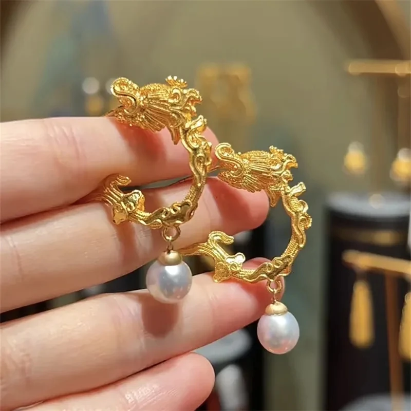 Divine Dragon Swings Its Tail To Turn Heaven Earth Imitation Pearl Earring Inlaid Antique China-Chic Elements High Level Earring