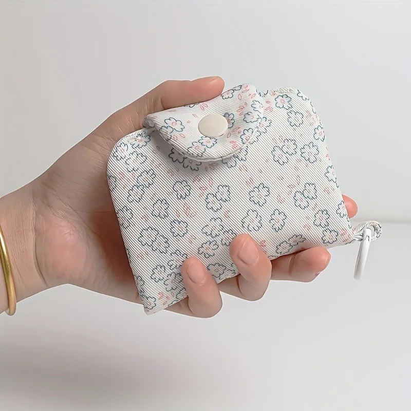 Mini Floral Card Holder & Coin Purse – Pastel Blue, Pink, and Green Flower Design with White Zipper, Compact Keychain Wallet for