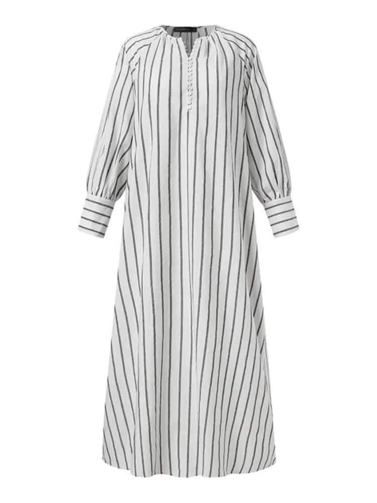 Abito pullover a maniche lunghe allentato semplice a maniche lunghe con scollo tondo a righe con bottoni alla moda in lino di cotone nuovo autunno da donna