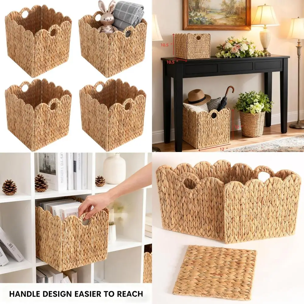 

12x12 Natural Seagrass Storage Cubes, Foldable Boho Style Baskets for Shelves, 4-Pack