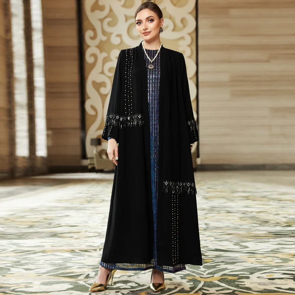 Eid Open Abaya Black Tassel Cardigan Muslim Women Kimono Maxi Dress Turkey Arab Kafan Long Robe Dubai Saudi Gowns Ramadan Gowns