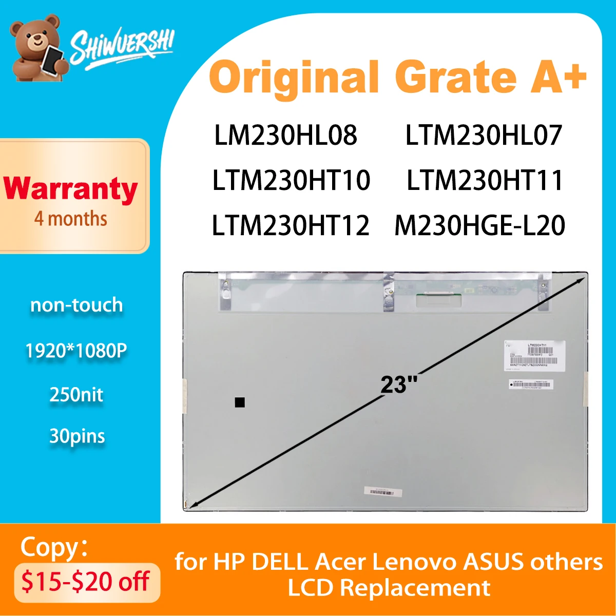 

New 23inch Original LM230HL08 LTM230HL07 LTM230HT10 LTM230HT11 LTM230HT12 M230HGE L20 LCD Display 1920*1080P 75Hz FHD