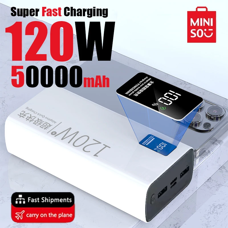 Miniso New Hot 120W Super Fast Charging 50000mAh Power Bank With High Capacity For Mobile Power Supply For Various Mobile Phones