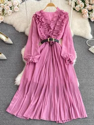 New Women Autumn Winter Dress Retro Temperament V-neck Ruffled Bubble Long-sleeved Waist Slimming A-line Pleated Dress D1892