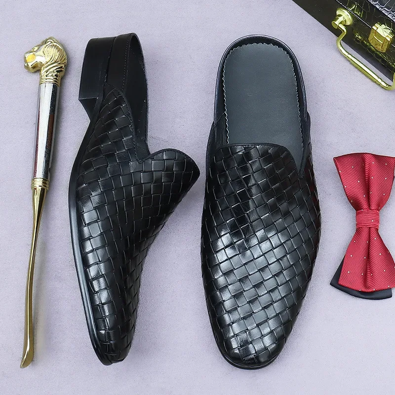 

Woven Genuine Leather Half-Slip Shoes for Men Summer Leather Slippers for Men Breathable Heelless Cowhide Lazy Sandals for Men