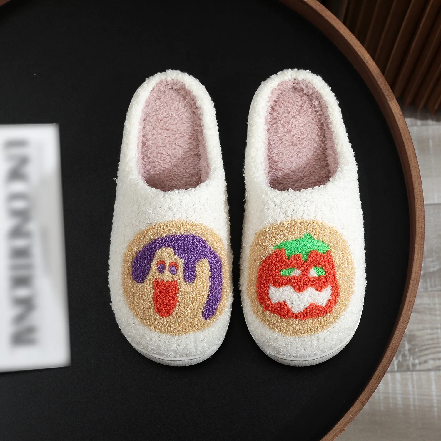 Women's Slippers Halloween Cute Pumpkin Cookies and Funny Witch Winter Indoor Warm Soft Sole Anti-slip Comfortable Bedroom Shoes