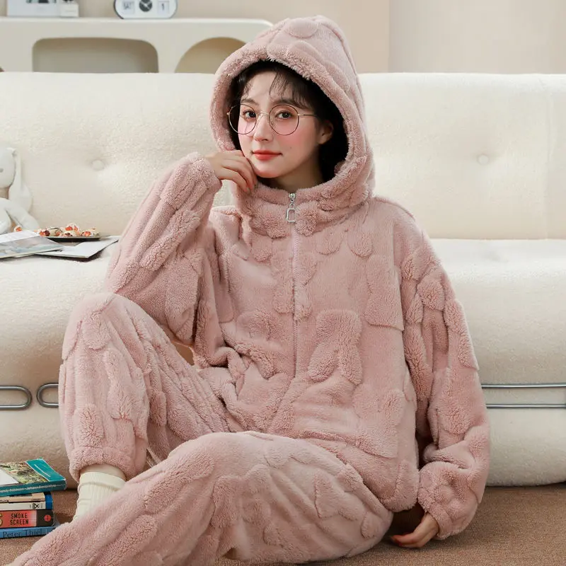 Women Autumn Winter Nightwear Thick Plush Coral Velvet Pajamas Female Student Dorm Sleepweaer Zipper Flannel Home Clothing Set